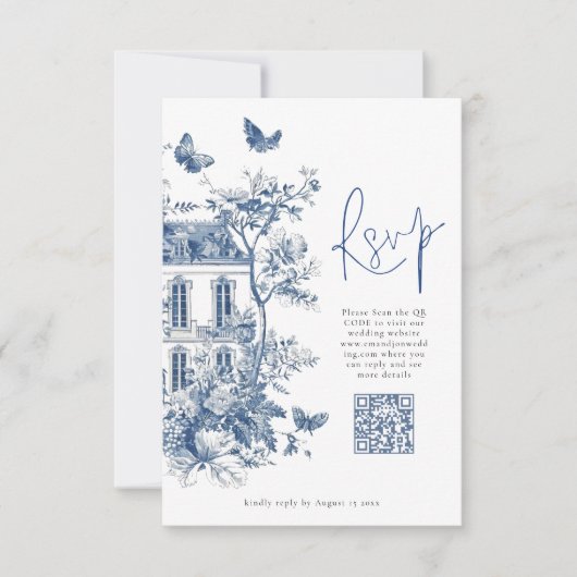 Elegant Blue Toile De Jouy QR Code Wedding RSVP Karte (Vorderseite)