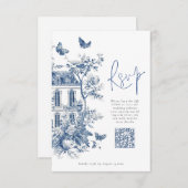 Elegant Blue Toile De Jouy QR Code Wedding RSVP Karte (Vorne/Hinten)