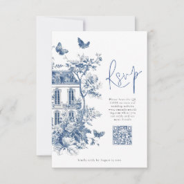 Elegant Blue Toile De Jouy QR Code Wedding RSVP Karte