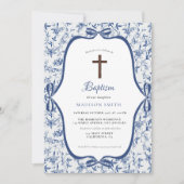 Elegant Blue Toile de jouy Taufe Einladung (Vorderseite)