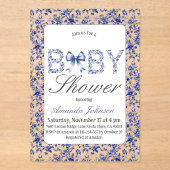 Elegant Blue Toile de Jouy und Bow Baby Shower Acryleinladungen (Vorderseite)