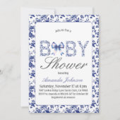 Elegant Blue Toile de Jouy und Bow Baby Shower Einladung (Vorderseite)