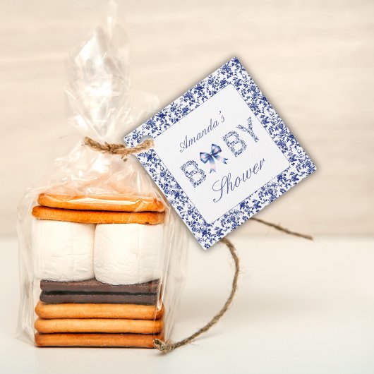 Elegant Blue Toile de Jouy und Bow Baby Shower Geschenkanhänger
