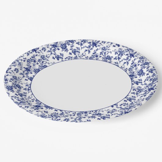 Elegant Blue Toile de Jouy und Bow Baby Shower Pappteller (Schrägansicht)