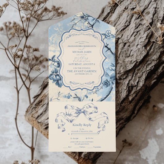 Elegant Blue Toile De Jouy Wedding All In One Einladung