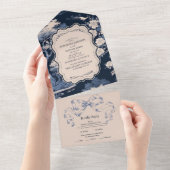 Elegant Blue Toile De Jouy Wedding All In One Einladung (Abreißen)
