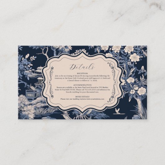 Elegant Blue Toile De Jouy Wedding Begleitkarte (Vorderseite)