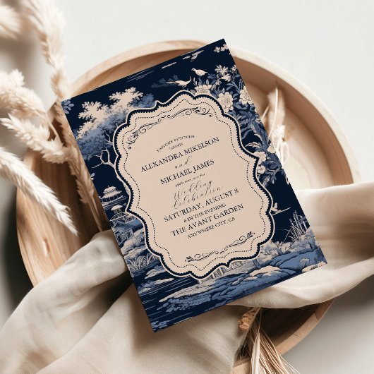 Elegant Blue Toile De Jouy Wedding Einladung