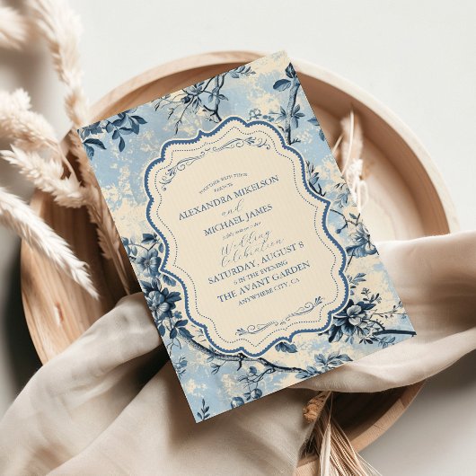 Elegant Blue Toile De Jouy Wedding Einladung