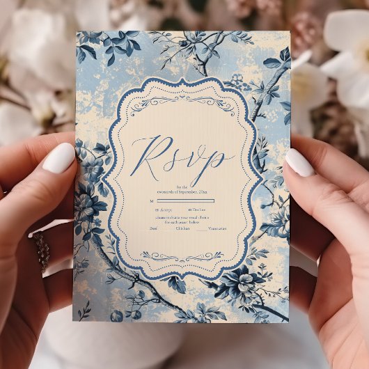 Elegant Blue Toile De Jouy Wedding RSVP Karte