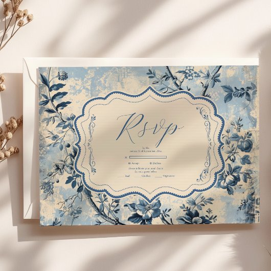 Elegant Blue Toile De Jouy Wedding RSVP Karte