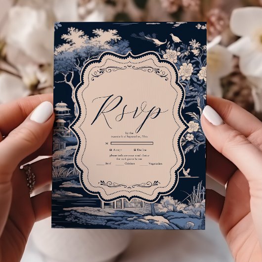 Elegant Blue Toile De Jouy Wedding RSVP Karte