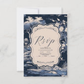 Elegant Blue Toile De Jouy Wedding RSVP Karte (Vorderseite)