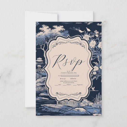 Elegant Blue Toile De Jouy Wedding RSVP Karte (Vorderseite)