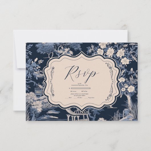 Elegant Blue Toile De Jouy Wedding RSVP Karte (Vorderseite)