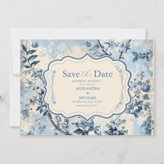 Elegant Blue Toile De Jouy Wedding Save The Date (Vorderseite)