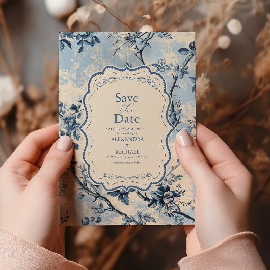 Elegant Blue Toile De Jouy Wedding Save The Date