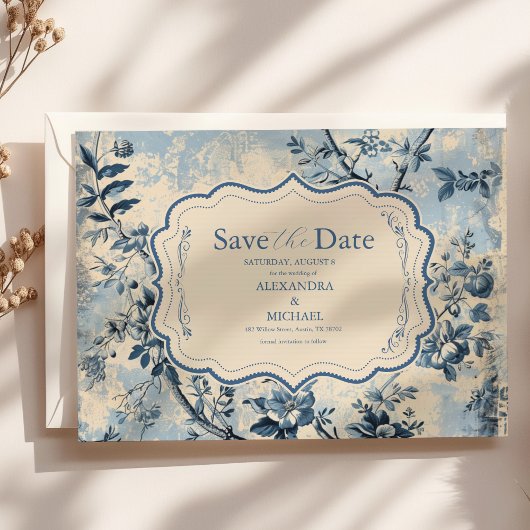 Elegant Blue Toile De Jouy Wedding Save The Date
