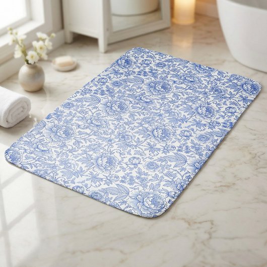 Elegant Blue Toile Floral Decor Badematte