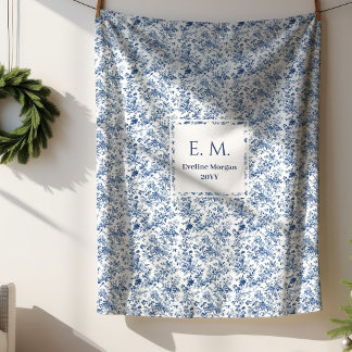 Elegant Blue Toile Personalized Throw Gift for Him Sherpadecke