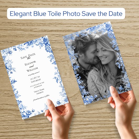 Elegant Blue Toile Photo Save the Date Einladung
