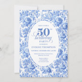 Elegant Blue Toile Rose 50th Birthday Invitation Einladung (Vorderseite)