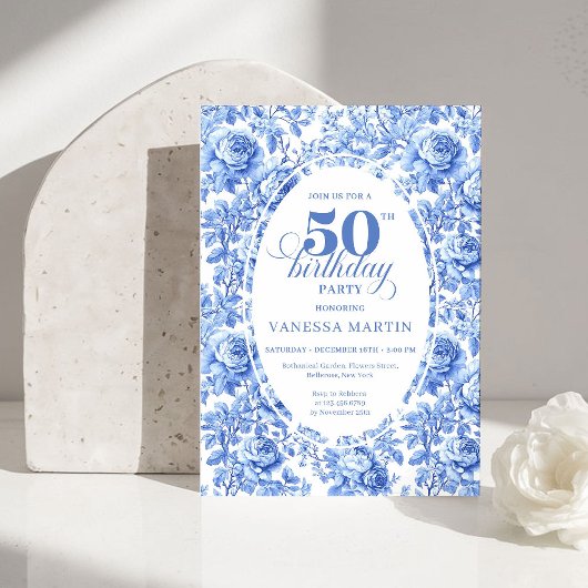 Elegant Blue Toile Rose 50th Birthday Invitation Einladung