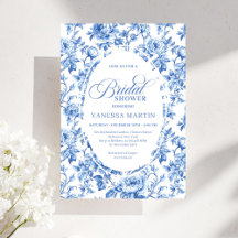 Elegant Blue Toile Rose Floral Bridal Shower Invit