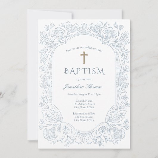 Elegant Blue Traditional Baptism Invitation Einladung (Vorderseite)