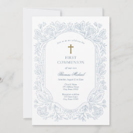Elegant Blue Traditional First Communion  Einladung