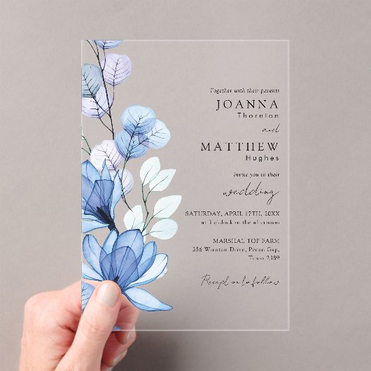 Elegant Blue Transparent Floral Wedding Acryleinladungen (Insitu (Handheld))