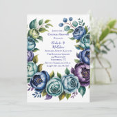 Elegant Blue Turquoise Floral Couples Dusche Einladung (Stehend Vorderseite)