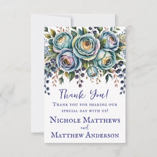 Elegant Blue Turquoise Floral Wedding Dankeskarte (Vorderseite)