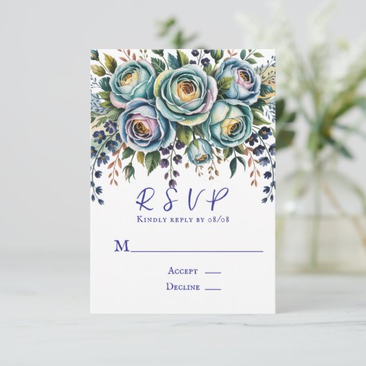 Elegant Blue Turquoise Floral Wedding RSVP Karte (Stehend Vorderseite)