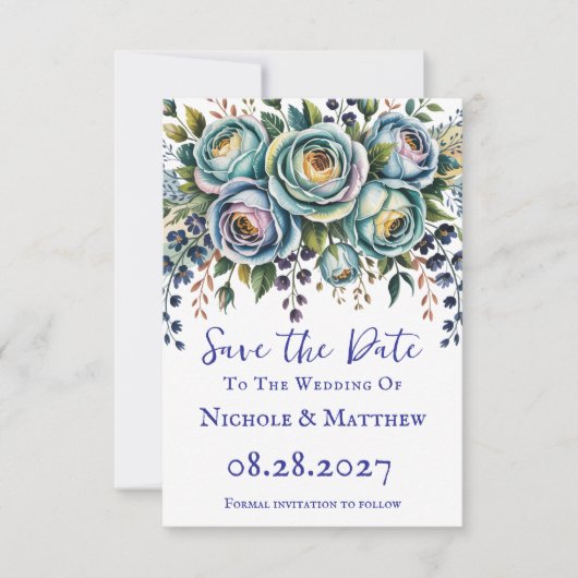 Elegant Blue Turquoise Floral Wedding Save The Date (Vorderseite)