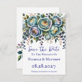 Elegant Blue Turquoise Floral Wedding Save The Date (Vorne/Hinten)