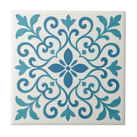 Elegant Blue & Turquoise Mediterranean Floral Tile Fliese (Vorderseite)