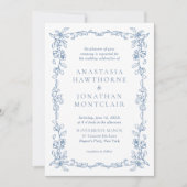 Elegant Blue Victorian Photo QR Code RSVP Wedding Einladung (Vorderseite)