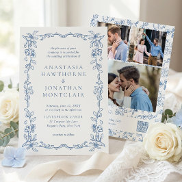 Elegant Blue Victorian Photo QR Code RSVP Wedding Einladung