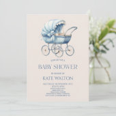 Elegant Blue Vintag Baby Carriage Baby Shower Einladung (Stehend Vorderseite)