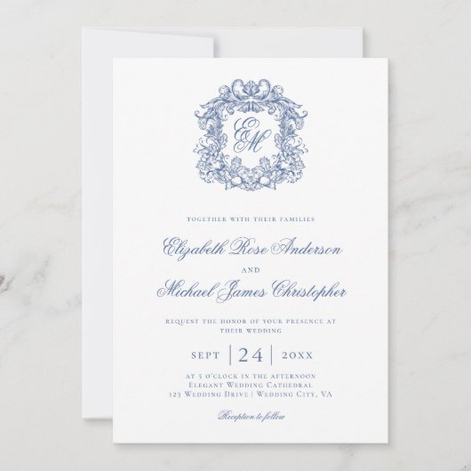 Elegant Blue Vintage Monogram Crest Wedding Einladung (Vorderseite)