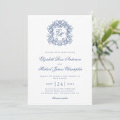 Elegant Blue Vintage Monogram Crest Wedding Einladung (Stehend Vorderseite)