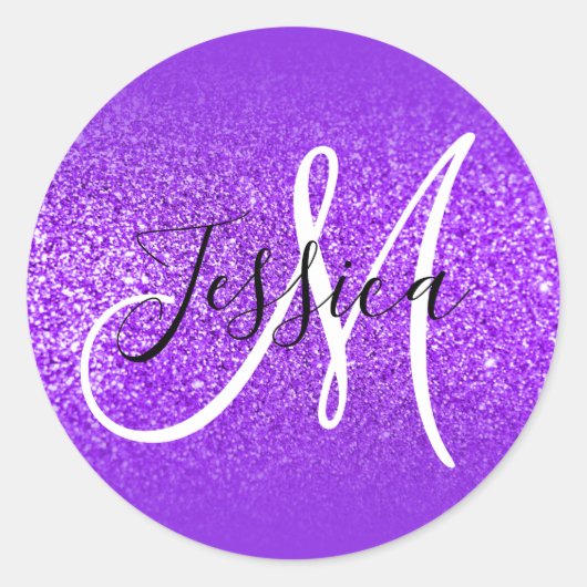 Elegant Blue Violet Ombre Glitzer Monogram Runder Aufkleber (Vorderseite)