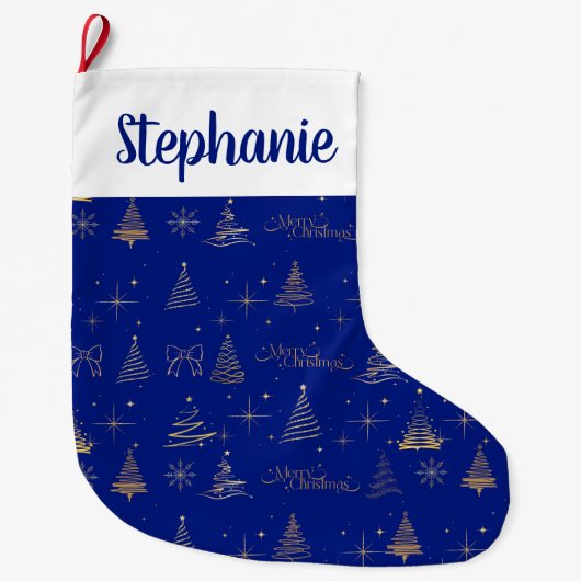 Elegant Blue W/ Gold Christmas Tree Doodles Großer Weihnachtsstrumpf (Vorderseite)