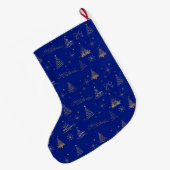 Elegant Blue W/ Gold Christmas Tree Doodles Großer Weihnachtsstrumpf (Rückseite (Hängend))