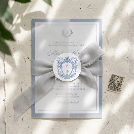 Elegant Blue Wappen Monogram Wedding Runder Aufkleber