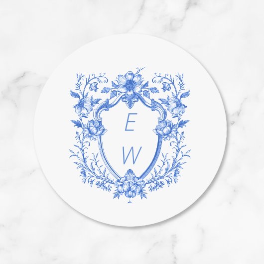 Elegant Blue Wappen Monogram Wedding Runder Aufkleber