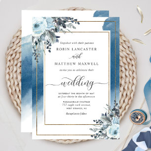 Elegant Blue Watercolor and Blue Floral Wedding Einladung
