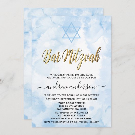 Elegant Blue Watercolor Bar Mitzvah Einladung (Vorne/Hinten)