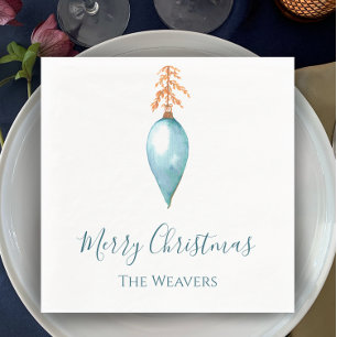 Elegant Blue Watercolor Bauble Custom Christmas Serviette